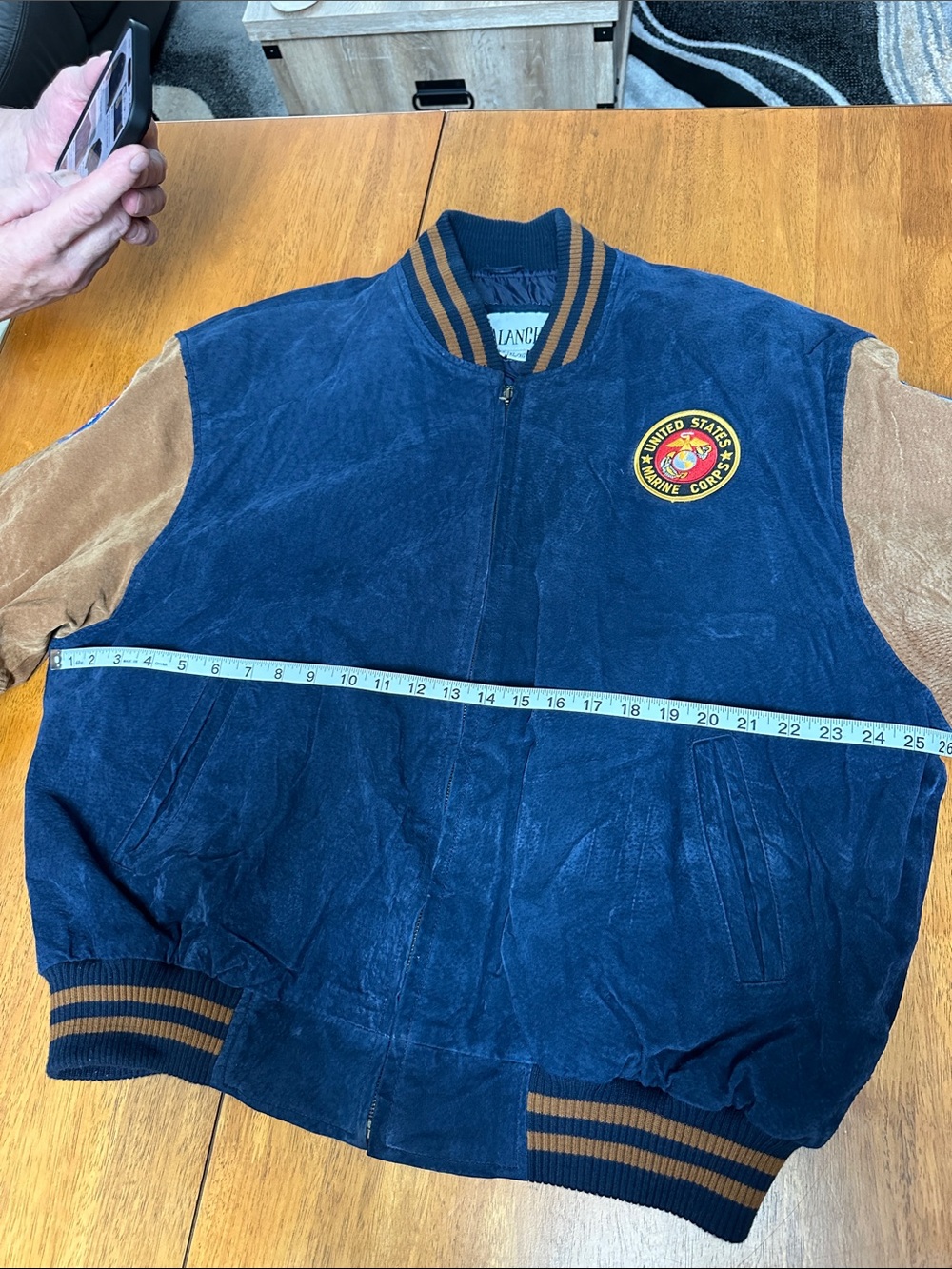 Avalanche men’s vintage varsity style, blue/ brown suede jacket. Marine patches - Picture 5 of 13